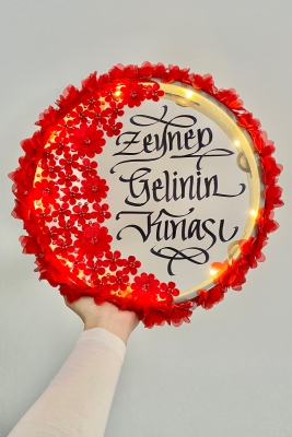 Kırmızı Ledli Şeffaf Gelin Tefi 32cm 3d Çiçek Parlak Taş İncili Düğün Kına Nedime Bride Parti Defi