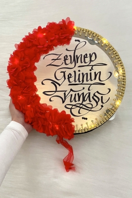 Kırmızı Ledli Şeffaf Gelin Tefi 32cm 3d Çiçek Parlak Taşlı Düğün Kına Nedime Bride Parti Defi