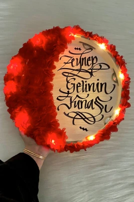Kırmızı Ledli Şeffaf Gelin Tefi 32cm, 3d Çiçek Süslemeli, Düğün Kına Nedime Bride Parti Defi