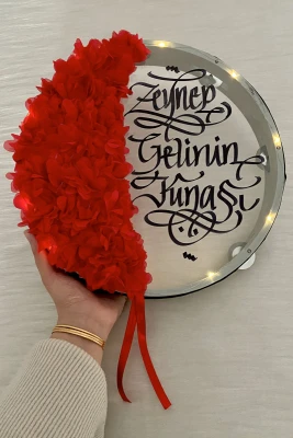 Kırmızı Ledli Şeffaf Gelin Tefi 32cm, 3d Çiçek Süslemeli, Düğün Sünnet Kına Nedime Bride Parti Defi