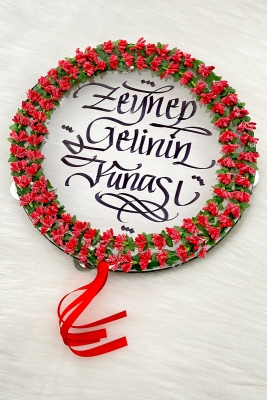 Kırmızı Ledli Şeffaf Gelin Tefi 32cm Cipsolu Saten Kurdele Düğün Kına Nedime Bride Parti Defi