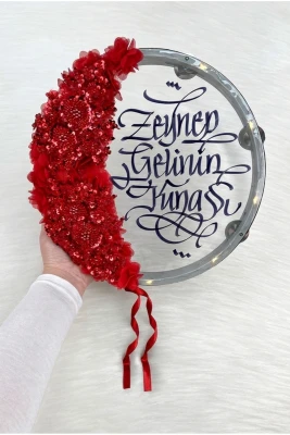 Kırmızı Ledli Şeffaf Gelin Tefi 32cm, Işıl Işıl Vip Güpürlü Ve 3d Çiçek Süslemeli, Düğün Sünnet Kına Nedime Bride Parti Defi