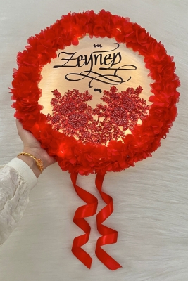 Kırmızı Ledli Şeffaf Kaligrafi Gelin Tefi 32cm Vip Güpürlü Ve 3d Çiçek Düğün Kına Nedime Bride Parti