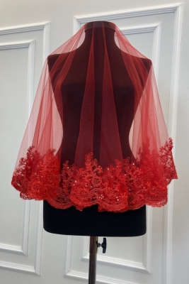 Kırmızı Narin Desen Işıl Işıl Güpürlü Gelin Duvak Seti