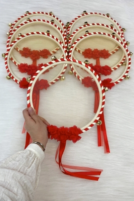 Kırmızı Nedime Gelin Tefi, Çiçekli Düğün Kına Gecesi Sünnet Bekarlığa Veda Bride Defi Zilli 1 Adet