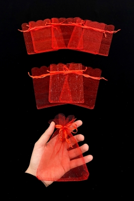Kırmızı Organze Şeffaf Tül Kese 50 Adet Ölçü 12x16cm, Kına Çerez Kuruyemiş Altın Takı Söz Hediye