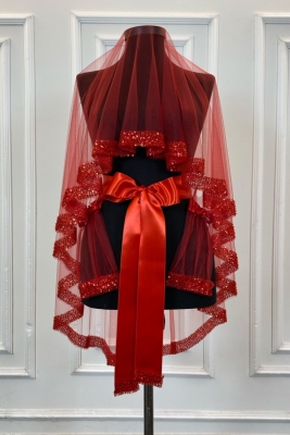 Kırmızı Orkide Gelin Duvak Seti, Pullu Boncuklu Su Taşlı Kına Duvağı Seti 6 Parça,