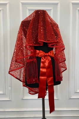 Kırmızı Otantik Vip Gelin Duvak Seti, Komple Pul Boncuk İncili Işıl Işıl Kına Duvağı Seti 6 Parça