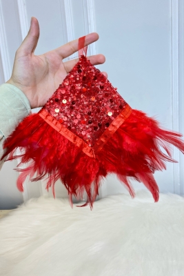 Kırmızı Otantik Vip Gelin Mendili, Halay Mendili, Boncuk Inci Pul Ve Tüy Detaylı