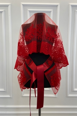 Kırmızı Oya Ve Çiçek Desenli Flok Baskı Simli Gelin Duvak Kuşak Eldiven Set