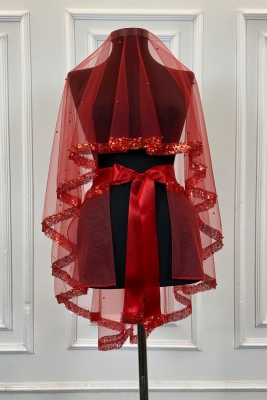 Kırmızı Pul Payet ve İncili Gelin Duvak Seti, Kına Gecesi Duvağı Alı Örtüsü 6 Parça