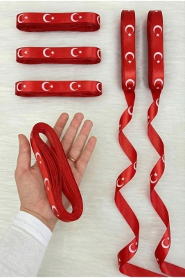 Kırmızı Saten Ay Yıldız Baskılı Kurdele 2 Cm 10 Mt, Hediye Süsleme Bayram Asker Merasim Sünnet Düğün