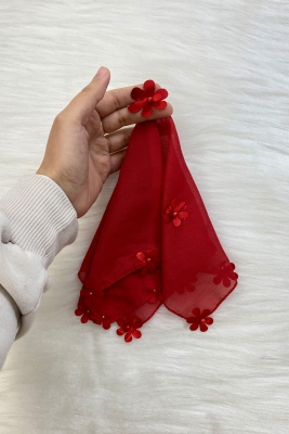 Kırmızı Şifon Halay Mendili Çiçek Ve İnci Süslemeli 5Adet, Gelin Damat Düğün Kına Sünnet Nişan Bride