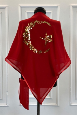 Kırmızı Şifon Lüks Damat Omuz Örtüsü, Gold Ayyıldız Baskılı, Sağdıç Nedime Kına Asker Şalı Duvağı