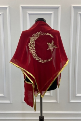 Kırmızı Şifon Lüks Damat Omuz Örtüsü, Gold Ayyıldız Nakışlı, Sağdıç Nedime Kına Asker Şalı Duvağı