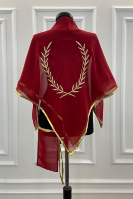 Kırmızı Şifon Lüks Damat Omuz Örtüsü, Gold Dal Desen Nakışlı, Sağdıç Nedime Kına Asker Şalı Duvağı