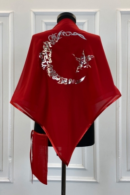 Kırmızı Şifon Lüks Damat Omuz Örtüsü, Gümüş Ayyıldız Baskılı, Sağdıç Nedime Kına Asker Şalı Duvağı