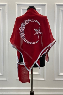 Kırmızı Şifon Lüks Damat Omuz Örtüsü, Gümüş Ayyıldız Nakışlı, Sağdıç Nedime Kına Asker Şalı Duvağı