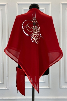 Kırmızı Şifon Lüks Damat Omuz Örtüsü, Gümüş Tuğra Baskılı, Sağdıç Nedime Kına Asker Şalı Duvağı