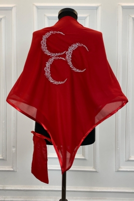 Kırmızı Şifon Lüks Damat Omuz Örtüsü, Gümüş Üç Hilal Nakışlı, Sağdıç Asker Kına Örtüsü Şalı Duvağı