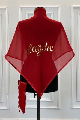 Kırmızı Şifon Sağdıç Omuz Örtüsü Şalı Üçgen Model, Gold Baskılı, Damat Nedime Asker Kına Örtüsü