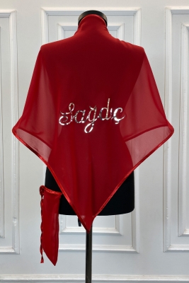 Kırmızı Şifon Sağdıç Omuz Örtüsü Şalı Üçgen Model, Gümüş Baskılı, Damat Sağdıç Asker Kına Örtüsü