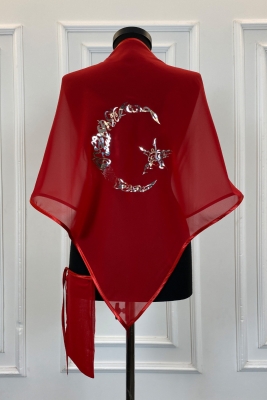 Kırmızı Şifon Üçgen Damat Omuz Örtüsü, Gümüş Ayyıldız Baskılı, Sağdıç Nedime Kına Asker Şalı Duvağı