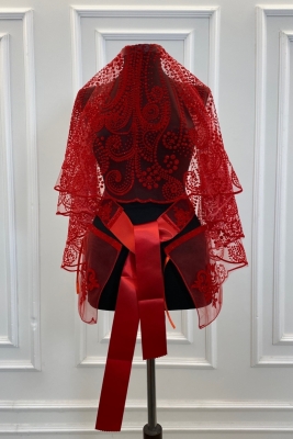 Kırmızı Simli Komple Desenli Gelin Duvak Seti, Kına Duvağı