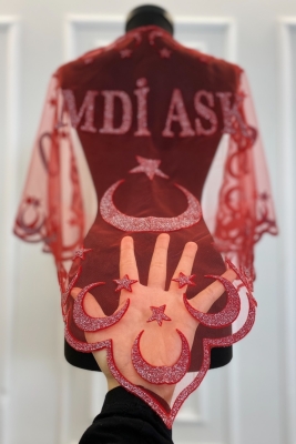 Kırmızı Simli O Şimdi Asker Şalı Örtüsü, Kırmızı Kına Omuz Örtüsü Duvağı