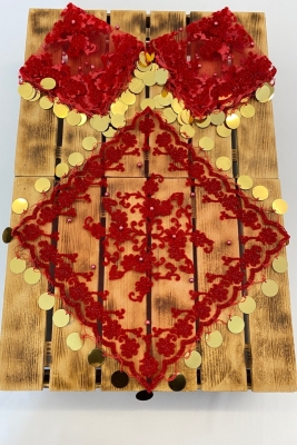 Kırmızı Simli Pullu Incili Halay Mendili, Gelin Mendili, Hediyelik Mendil 5 Adet