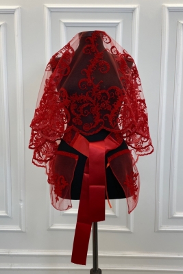 Kırmızı Simli Uzun Desenli Gelin Duvak Seti, Kına Duvağı