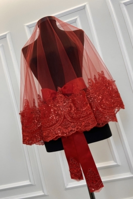 Kırmızı Sultan Desen Işıl Işıl Güpürlü Gelin Duvak Seti