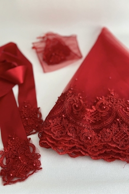 Kırmızı Sultan Güpürlü Inci Süslemeli Gelin Duvak Kuşak Eldiven Set Kına Gecesi Düğün