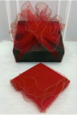 Kırmızı Süsleme Tülü, Gold Kenar Bohça Çeyiz Gelin Damat Söz Nişan Nikah Valiz Hediye Süsü 150x150cm