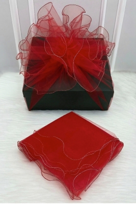 Kırmızı Süsleme Tülü Gümüş Kenar Bohça Çeyiz Gelin Damat Söz Nişan Nikah Valiz Hediye Süsü 150x150cm