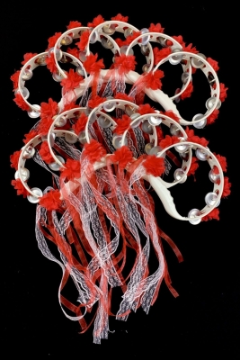 Kırmızı Süslü Gelin Nedime Kına Gecesi Tefi, Üç Boyut Lazer Çiçek ve Kurdele Detaylı Tef 10 Adet