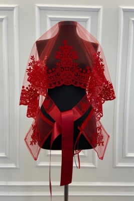 Kırmızı Taç Desen Flok Baskı Simli Gelin Duvak Kuşak Eldiven Set