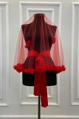 Kırmızı Üç Boyutlu Gelin Duvağı Kına Örtüsü Seti