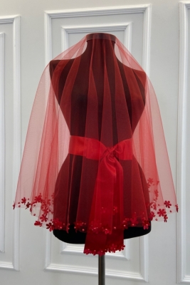 Kırmızı Uç Çiçek Ve Inci Süslemeli Sade Gelin Duvağı Seti