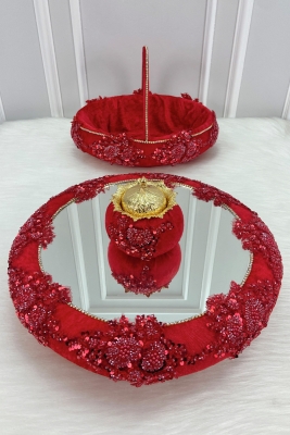 Kırmızı Vip Aplikli Aynalı Kadife Kına Gecesi Tepsi Sepet Gelin Takımı, Nişan Nikah Düğün Söz Sünnet