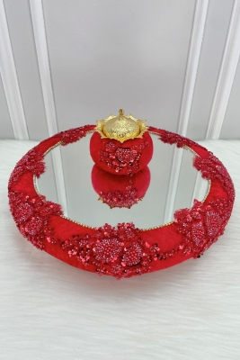 Kırmızı Vip Aplikli Aynalı Kadife Kına Gecesi Tepsisi Gelin, Nişan Nikah Düğün Söz Sünnet