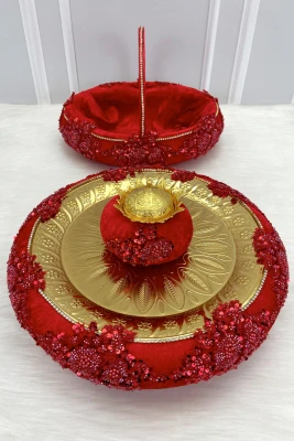 Kırmızı Vip Aplikli Kadife Kına Gecesi Tepsi Sepet Gelin Takımı, Nişan Nikah Düğün Söz Sünnet