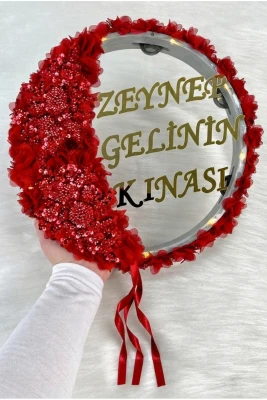 Kırmızı Vip Aplikli Ve 3D Lazer Çiçek Süslemeli Pleksi Ledli Şeffaf Gelin Tefi 32cm, Düğün Kına Gecesi Nişan Söz Nedime Gelin Damat Kına Gecesi Nedime