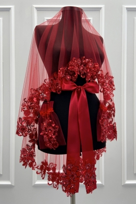 Kırmızı Vip Gelin Duvak Seti, Çiçek Güpürlü Cam Boncuk Inci Dikişli Kına Duvağı Örtüsü Seti 6 Parça