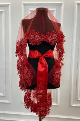 Kırmızı Vip Gelin Duvak Seti, Kına Duvağı Örtüsü Seti