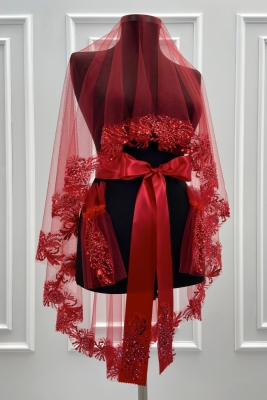 Kırmızı Vip Gelin Duvak Seti, Lüks Güpürlü Cam Boncuk Inci Dikişli Kına Duvağı Örtüsü Seti 6 Parça