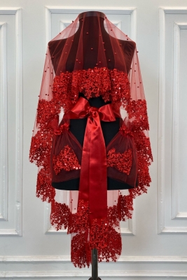 Kırmızı Vip Gelin Duvak Seti, Papatya Güpürlü Taşlı Pullu Incili Kına Duvağı Seti 6 Parça