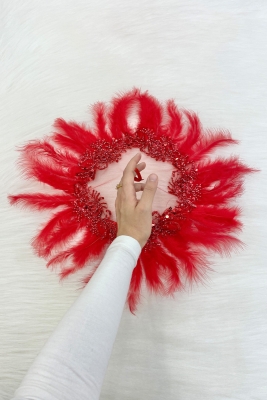 Kırmızı Vip Gelin Mendili, Boncuk İnci Pul Tüy Detaylı Lüks Aplikli Damat Düğün Kına Sünnet Nişan