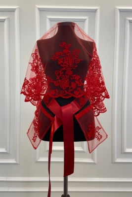 Kırmızı Yaprak Desen Flok Baskı Simli Gelin Duvak Kuşak Eldiven Set