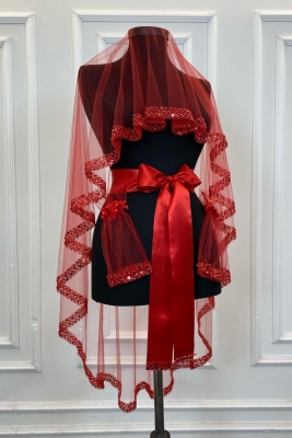 Kırmızı Zarif Gelin Duvak Seti, Su Taşlı Kına Duvağı Seti 6 Parça